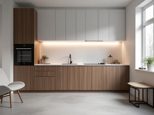 Minimalistiskt kök med släta betongbänkskivor och mörka träskåp