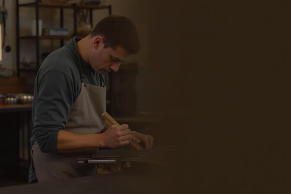 En hantverkare i en modern verkstad med fokus på detaljer, belyser effektivitet och minimalt avfall.